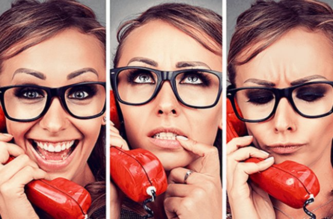 Woman on phone with customer service, happy, neutral, sad faces