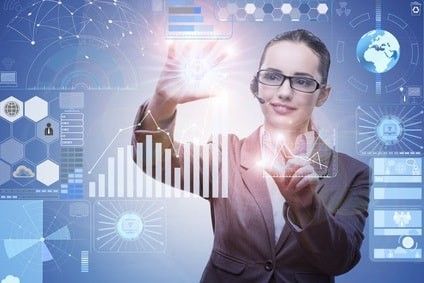 Woman with headset interacting with AI screen