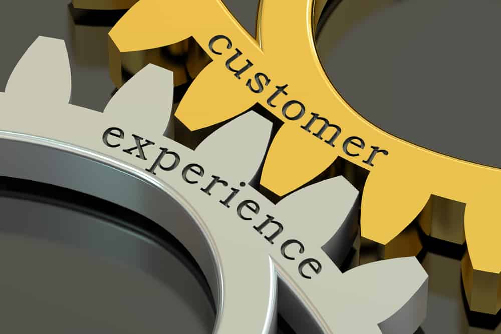 Customer Experience concept on the gearwheels, 3D rendering