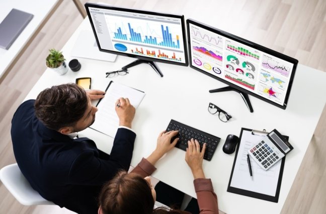 Two employees looking at graphs on a computer