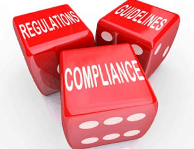 Dice that read Regulations, Guidelines, Compliance