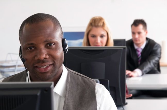 Call center agent busily working