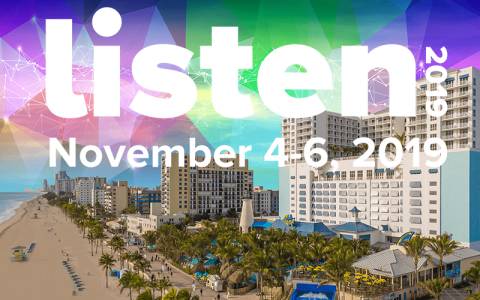 LISTEN 2019 convention announcement over beach and hotel scene