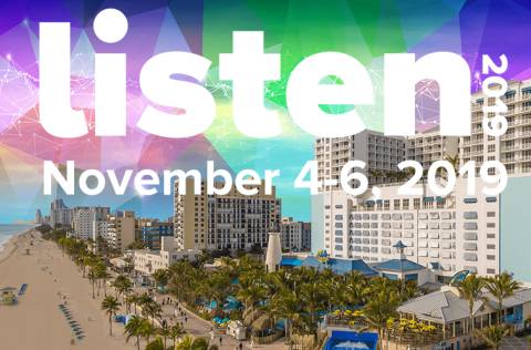LISTEN 2019 convention announcement over beach and hotel scene