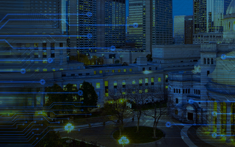 city buildings with overlay circuit board graphic