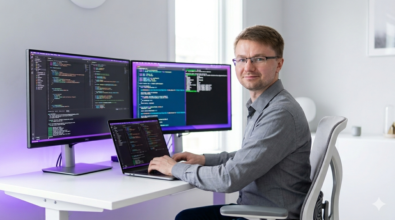 Dominik working at the desk in white room