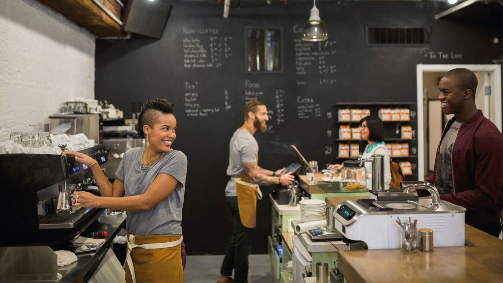 L coffee shop workers and customers