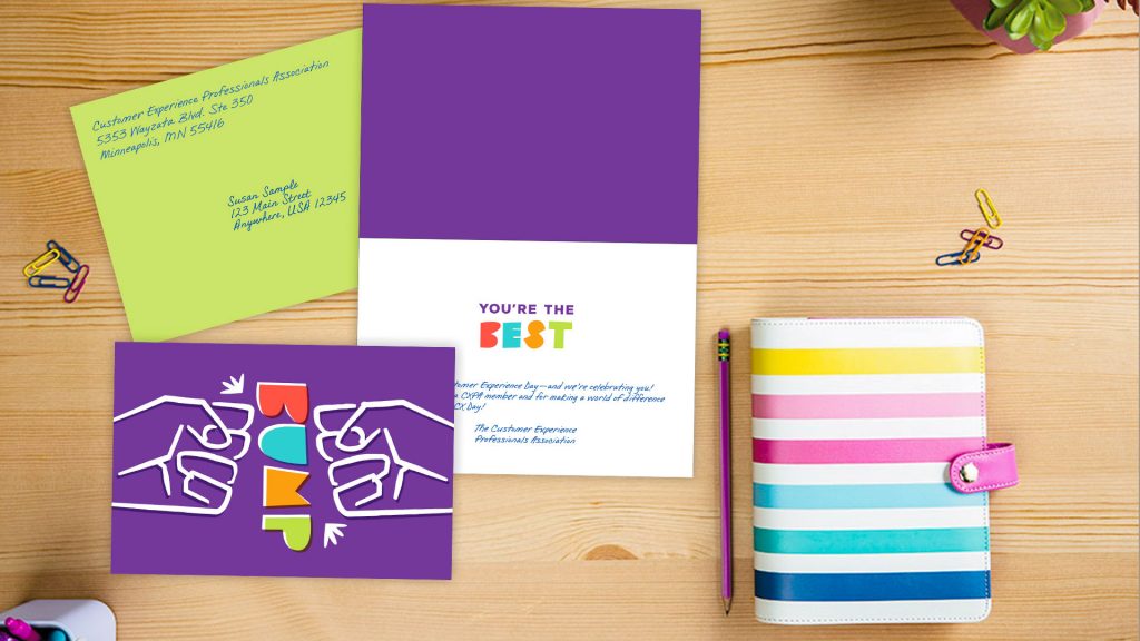 P fist bump card inside envelope personalization