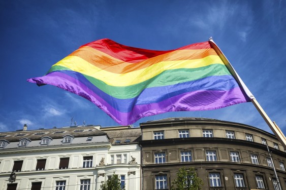 Eine Regenbogenflagge weht vor einem blauen Himmel über allem alten Gebäude