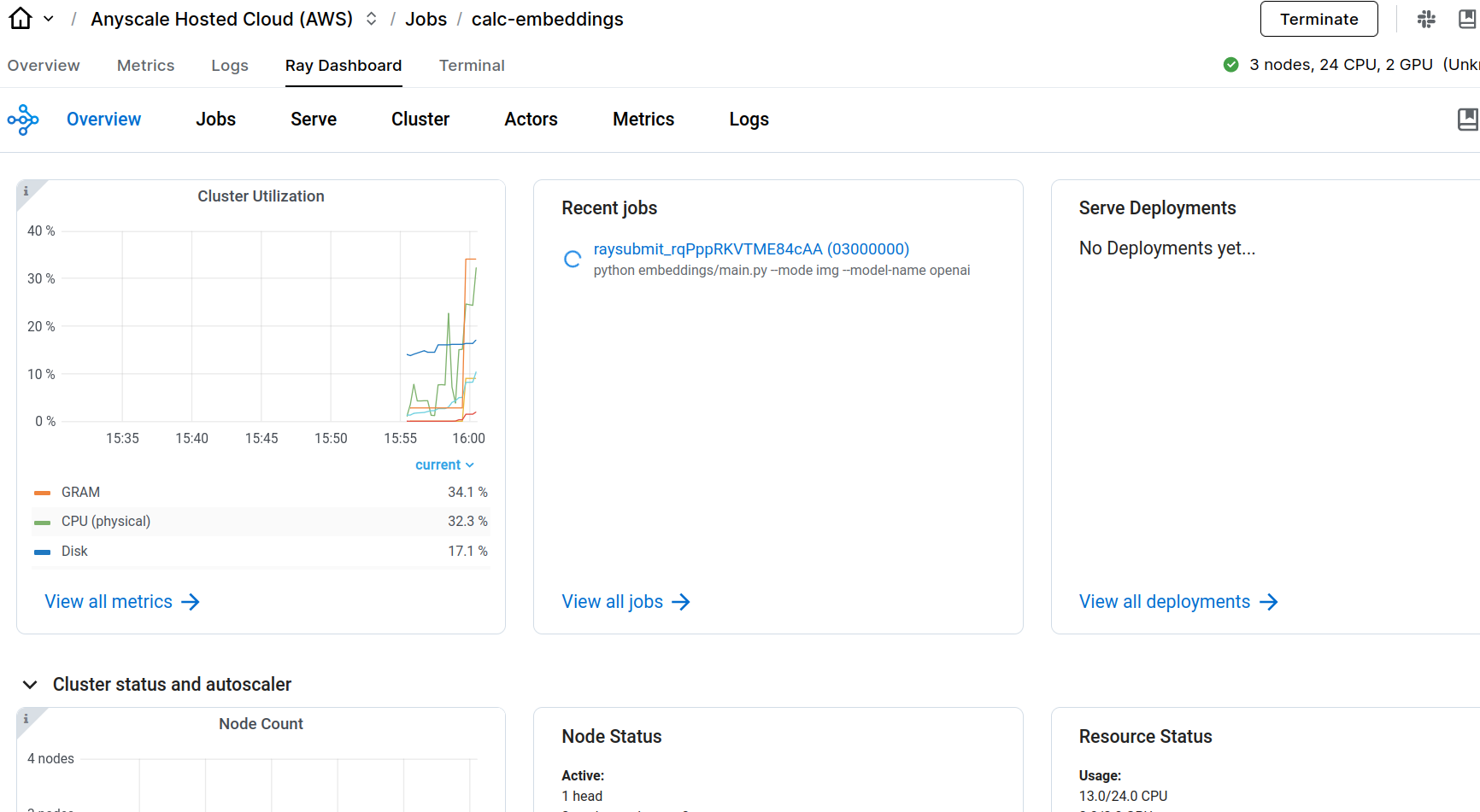 View of the Anyscale Console for Jobs