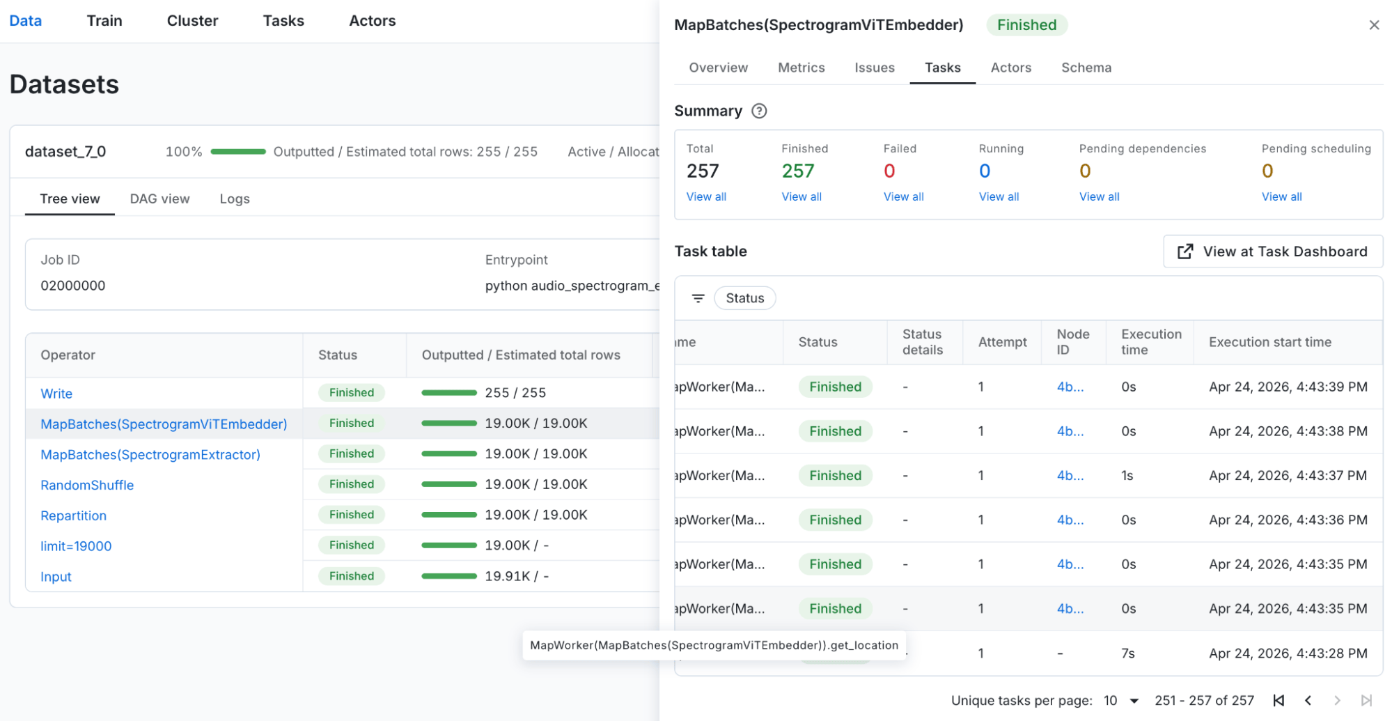 Task view scoped to the SpectrogramViTEmbedder data operator in the Data dashboard. 