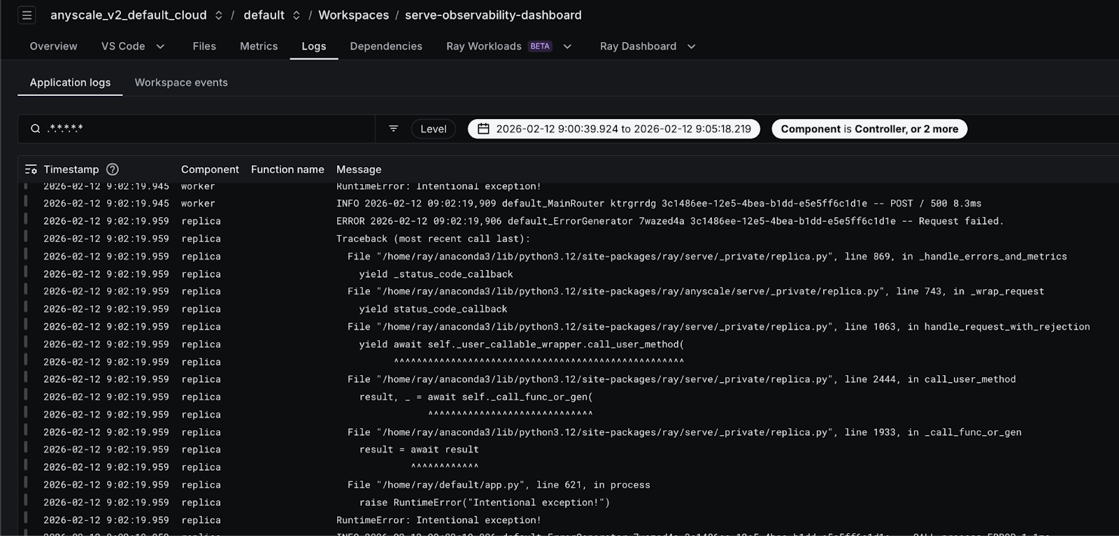Anyscale Serve observability dashboard logs showing RuntimeError “Intentional exception!” in default_MainRouter and default_ErrorGenerator with 500 POST request failure and full Python traceback.