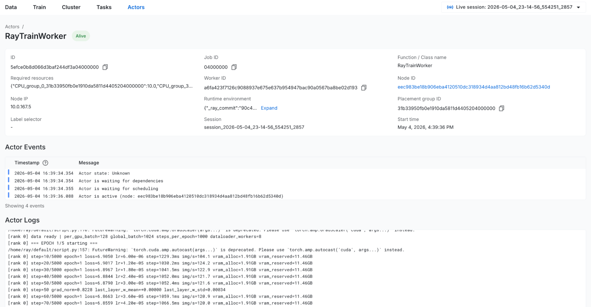 Actor detail page. Show metadata, logs, and tasks from a given actor.