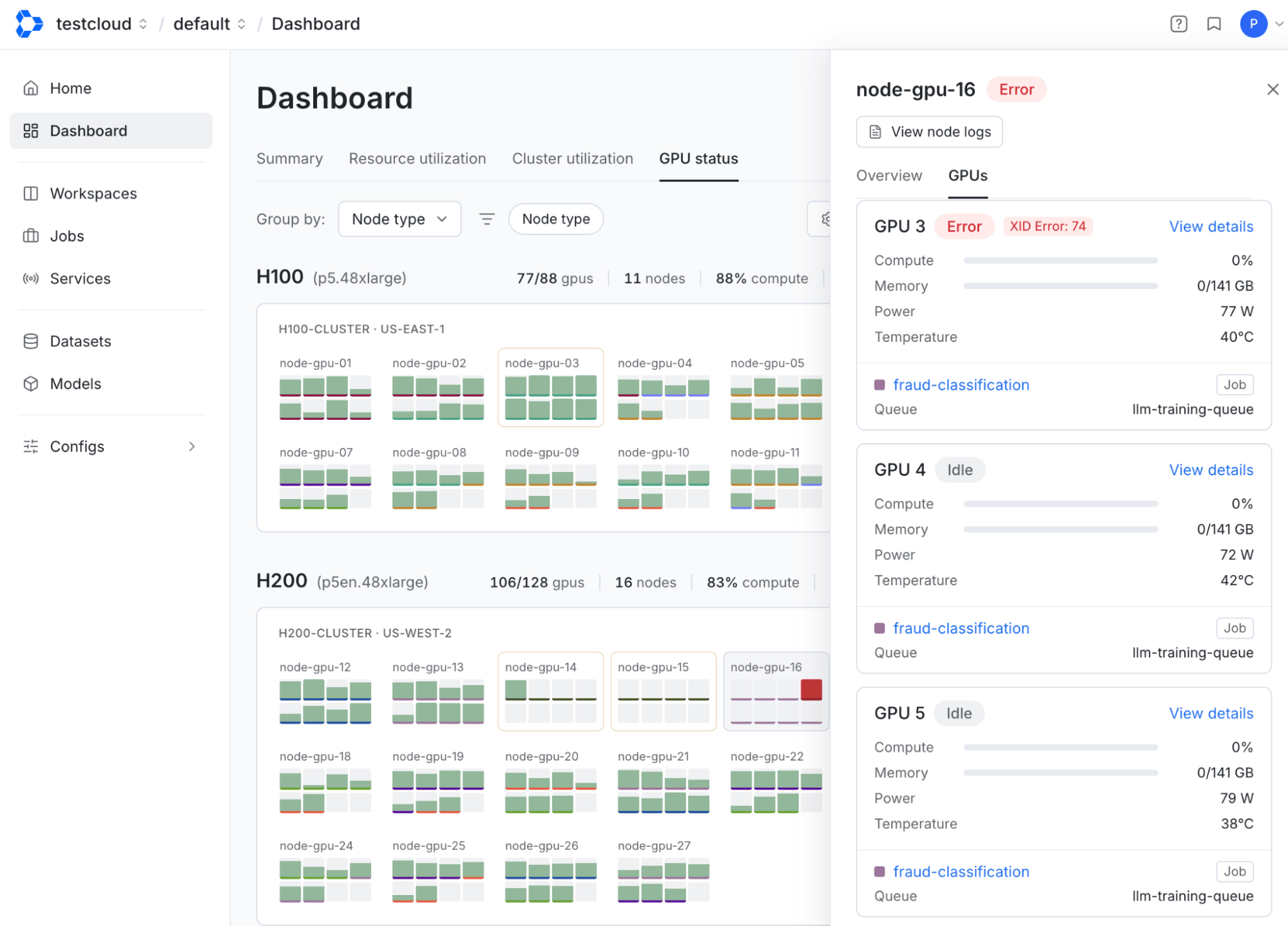 Screenshot Node detail panel with the GPUs tab selected, showing 8 GPU cards.