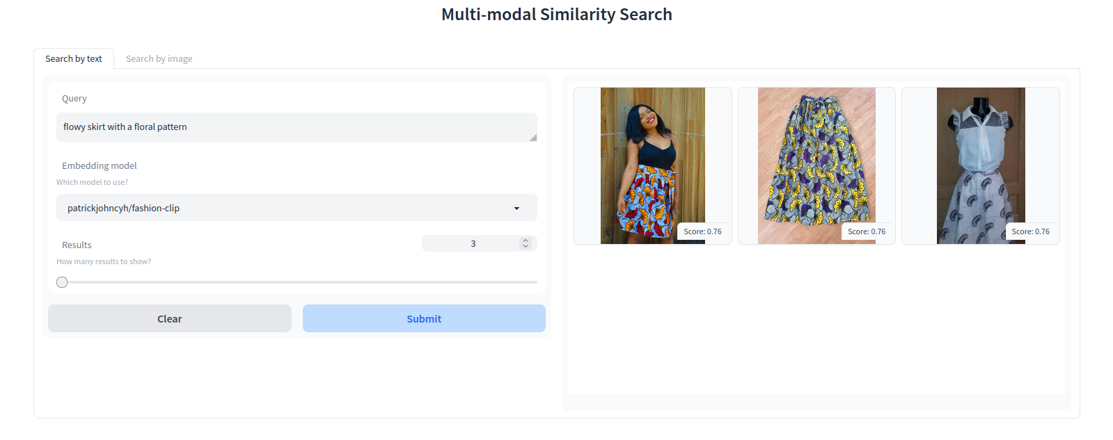 Application frontend view. Results for the prompt “flowy skirt with a floral pattern”