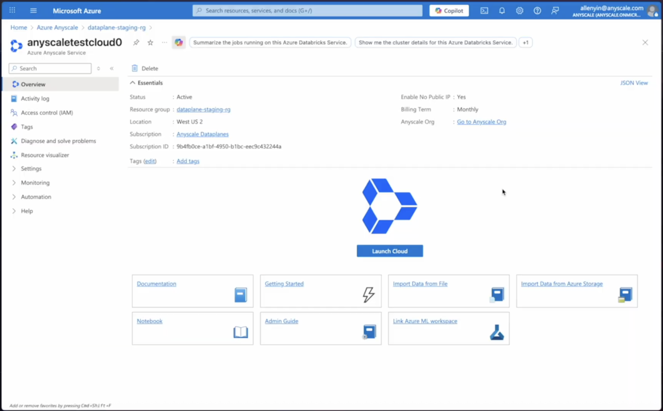 azure anyscale cloud settings