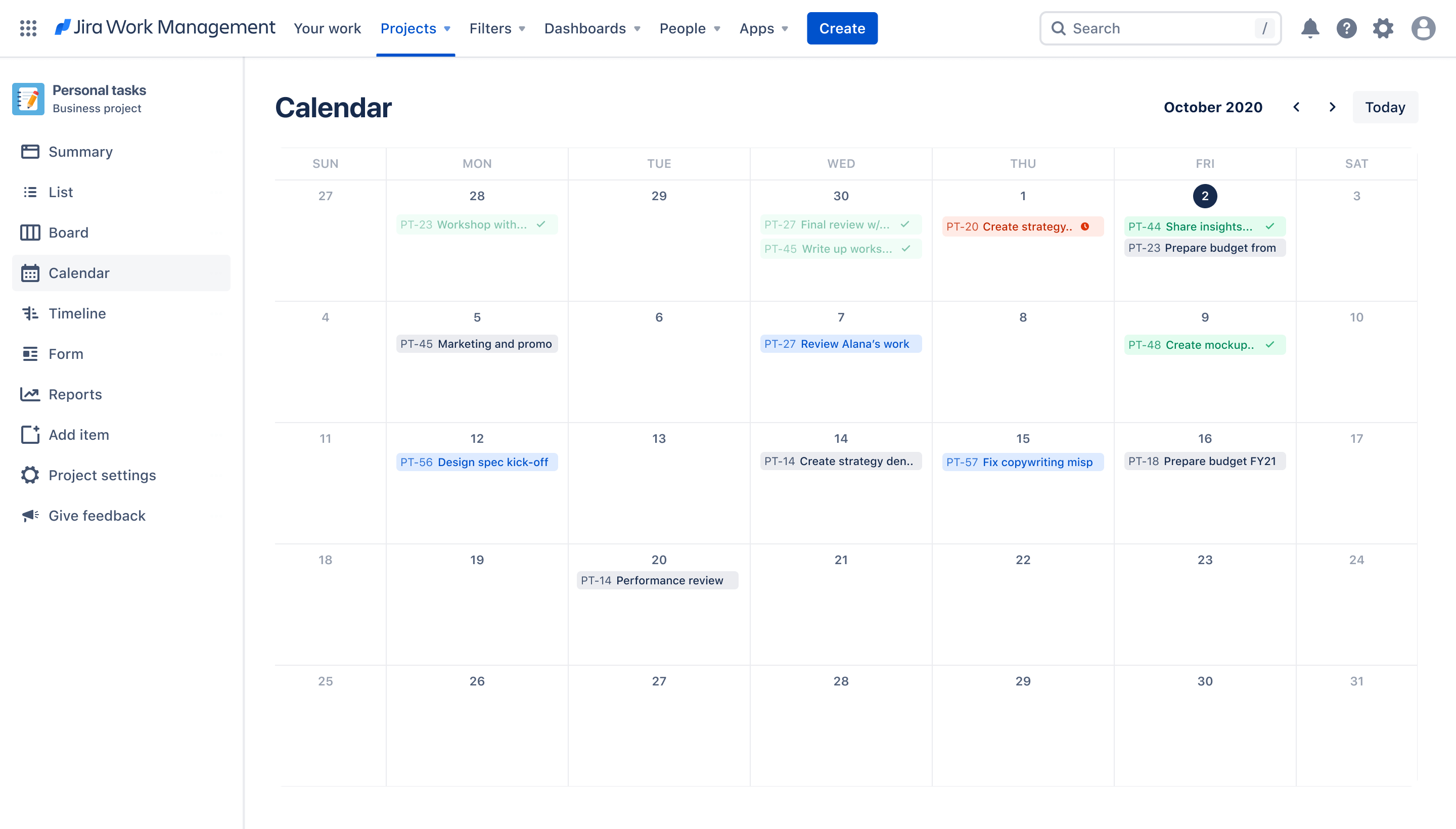 Screenshot of calendar view in Jira Work Management 