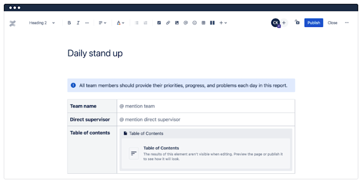 Screenshot of Daily stand up template in Confluence