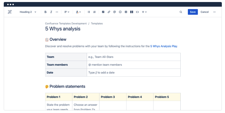 Preview of 5 whys analysis in Confluence