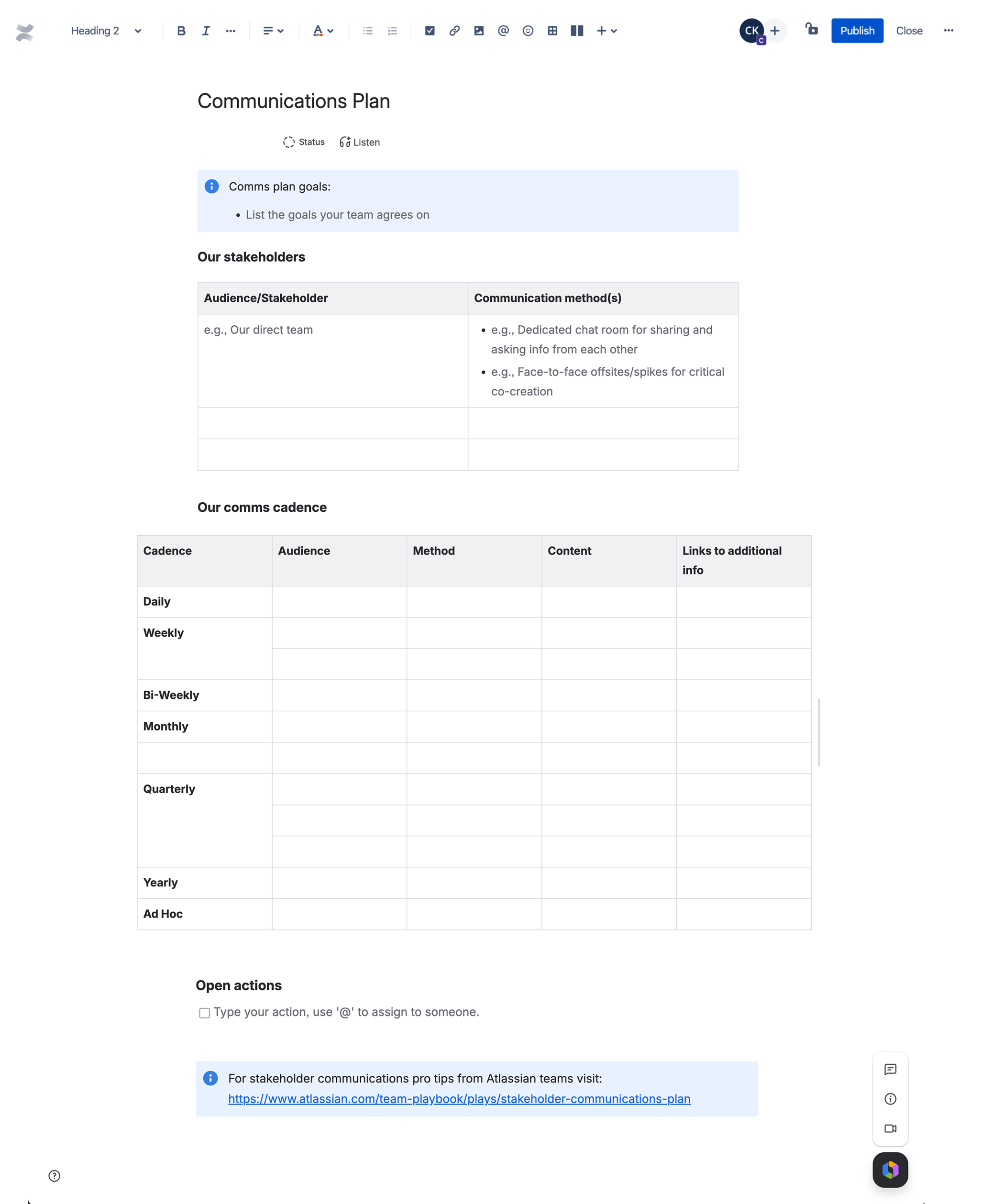 Screenshot of communication plan template in Confluence whiteboard