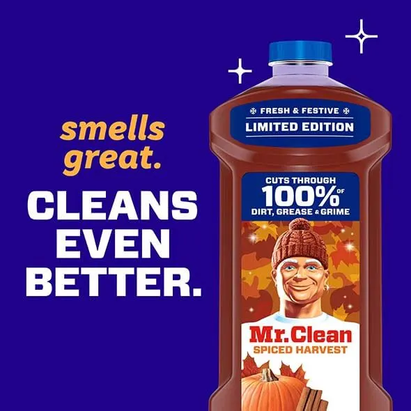 Mr. Clean Spiced Harvest cleaner bottle featuring festive design and text highlighting cleaning power and pleasant scent