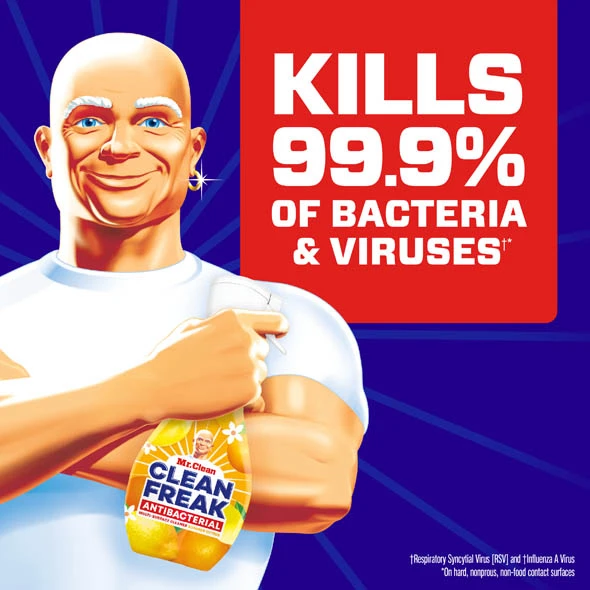 Clean Freak antibac spray effectively eliminates 99.9% of bacteria and viruses with cheerful Mr. Muscle mascot promoting cleanliness
