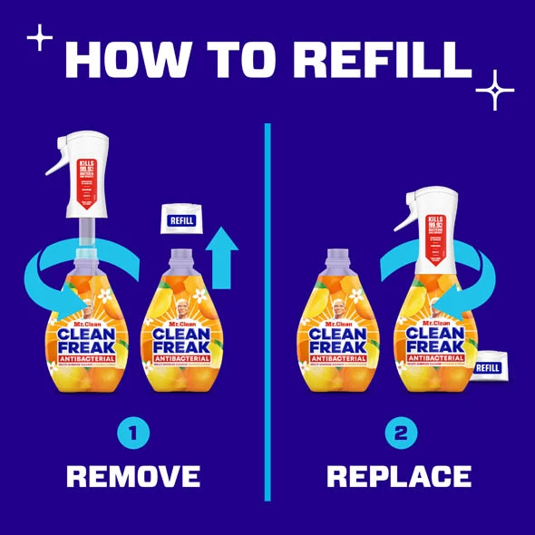 Refill instructions for Mr. Clean Clean Freak Antibacterial spray, showing remove and replace steps for refill packaging