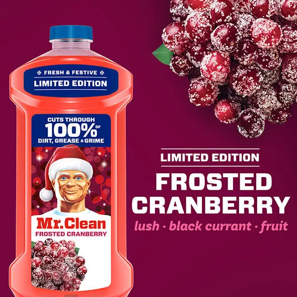 Mr. Clean Frosted Cranberry cleaning product bottle featuring a festive design and cranberry-themed elements in vibrant colors