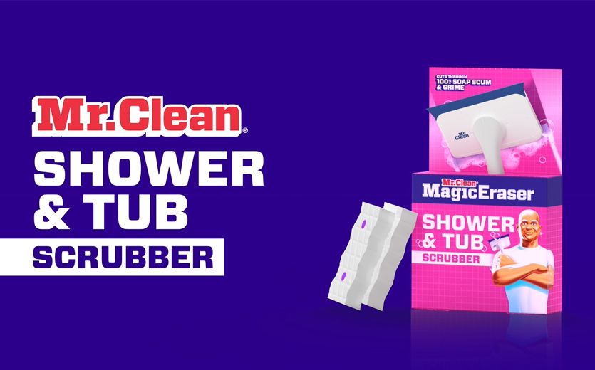 Mr. Clean Shower & Tub Scrubber Magic Eraser product packaging with scrubber cleaning pad displayed on a purple background.