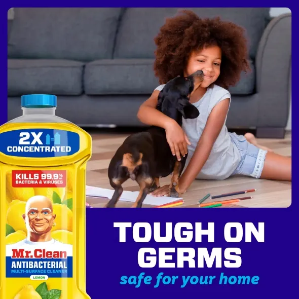 Young girl playing with a dog while surrounded by colored pencils, featuring Mr. Clean Antibacterial cleaner for a germ-free home