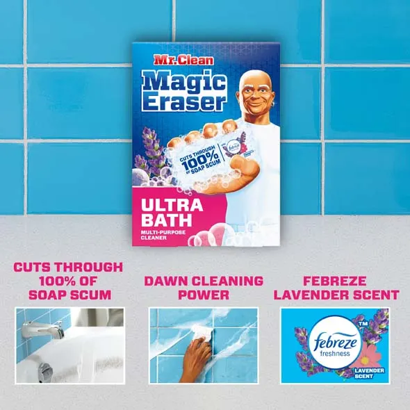 Mr. Clean Magic Eraser Ultra Bath: Cuts Through 100% OF Soap Scum, Added Foaming Power, Febreze Lavander Scent