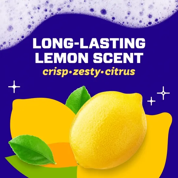 Bright yellow lemon with lush green leaves on a vibrant background showcasing the phrase Long-Lasting Lemon Scent for a fresh citrus experience