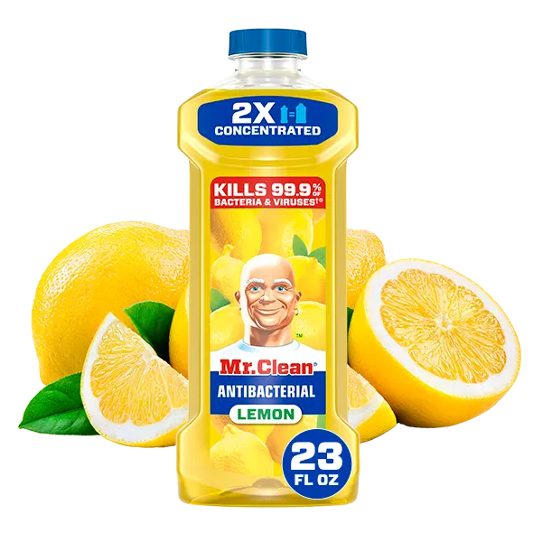 Mr. Clean antibacterial lemon cleaner bottle with fresh lemons and slices, promoting effective cleaning and disinfecting properties