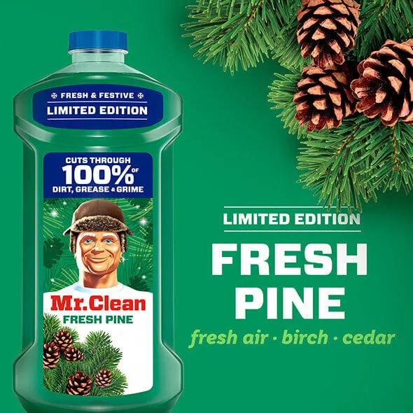 Limited edition Mr. Clean Fresh Pine bottle featuring festive design with pine needles and cones, highlighting its cleaning power