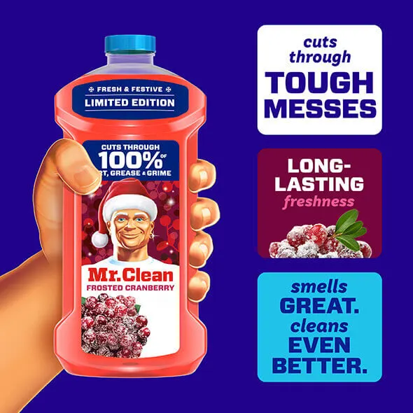 Mr Clean Frosted Cranberry cleaning product bottle showcasing festive design and claims of tough mess cleaning and long-lasting freshness