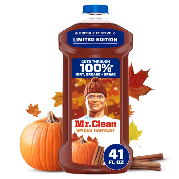Mr. Clean Spiced Harvest limited edition cleaner bottle featuring autumn leaves and a pumpkin, designed for effective dirt and grime removal