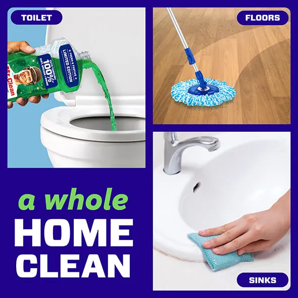 Cleaning supplies being used in various home areas including toilets, floors, and sinks for a thorough home clean