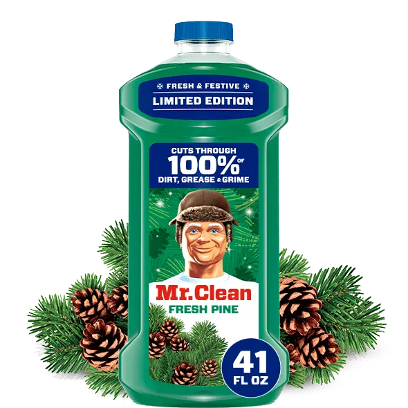 Mr. Clean Fresh Pine Limited Edition cleaning solution bottle with pine branches and pine cones in the background