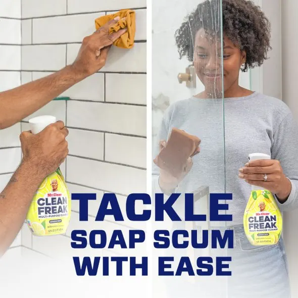 A person cleaning a bathroom with a Mr. Clean CleanFreak Lemon, Tackle Soap Scum With Ease