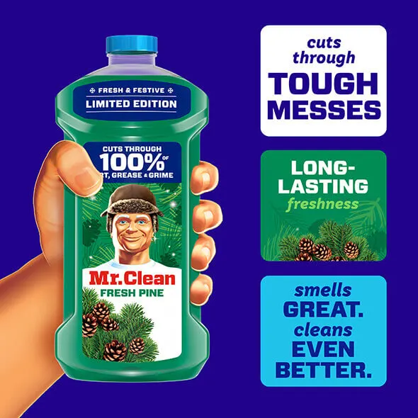 Mr. Clean Fresh Pine cleaning solution bottle features festive design highlighting its effective cleaning power and long-lasting freshness
