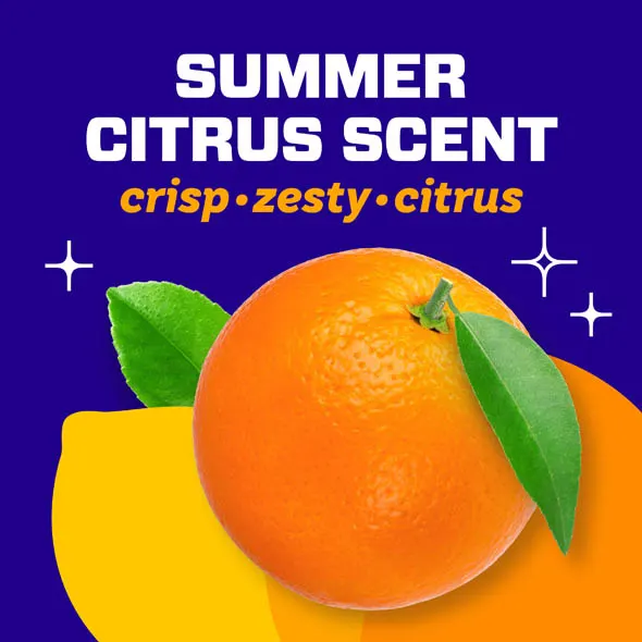 Bright orange citrus fruit with green leaves, surrounded by summer scent words like crisp and zesty