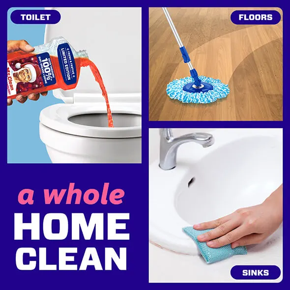 Toilet cleaning solution pouring into a toilet, mop for floors, and hand cleaning a sink with a cloth, promoting a comprehensive home cleaning solution