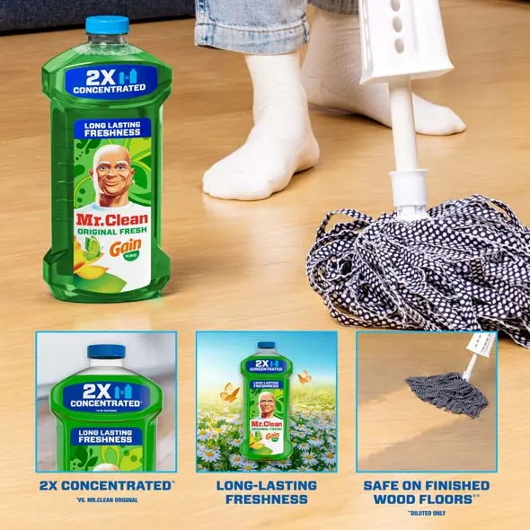 Multi-Surface Cleaner with Gain Original Fresh Scent 2X Concentrated, cleaning the floor