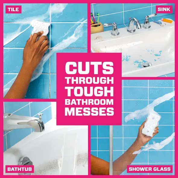 Mr. Clean Magic Eraser Ultra Bath, cleaning various bathroom surfaces, cuts Through Tough Bathroom Messes