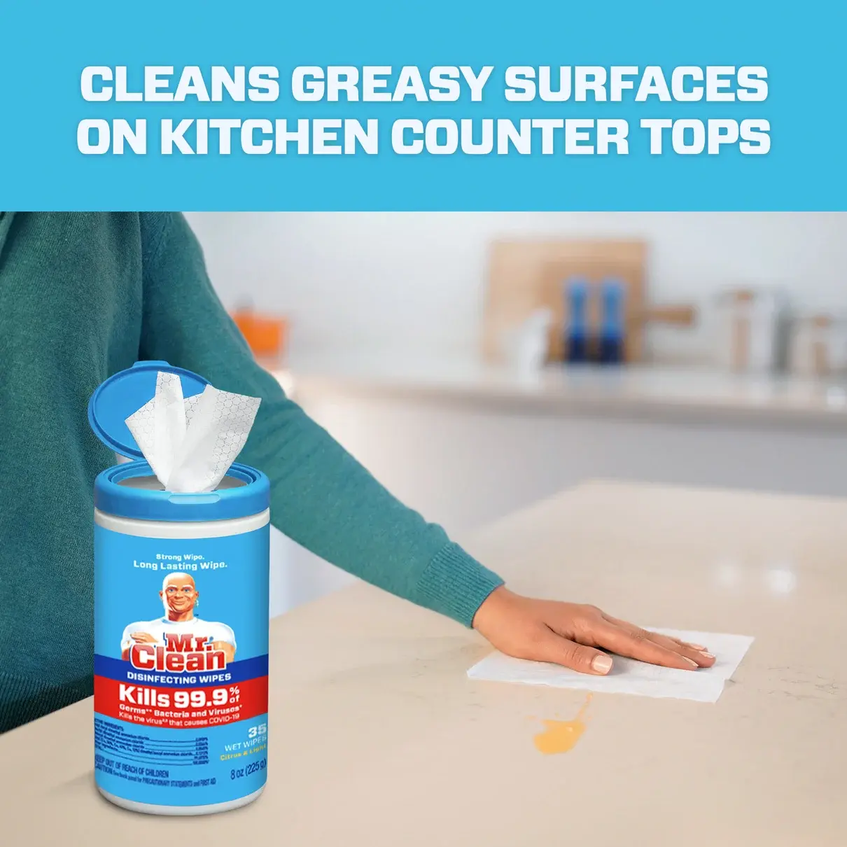 Disinfecting Wipes with Citrus Scent cleans greasy surfaces