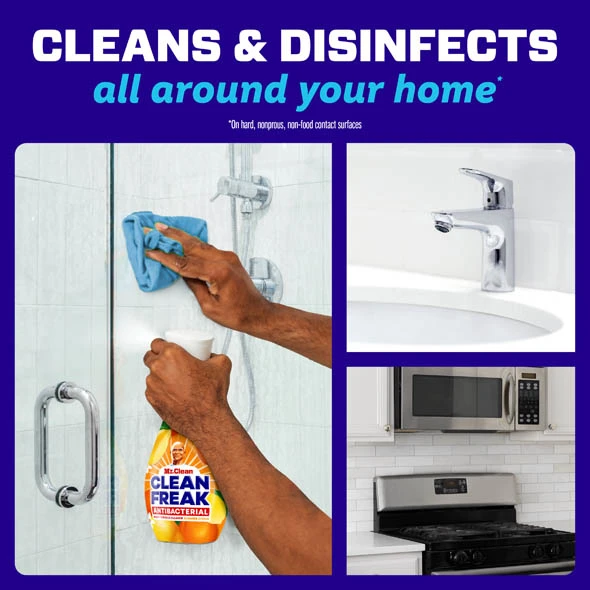Cleaning and disinfecting surfaces in a home with a Mr. Clean Clean Freak spray cleaner and cloth on kitchen and bathroom surfaces