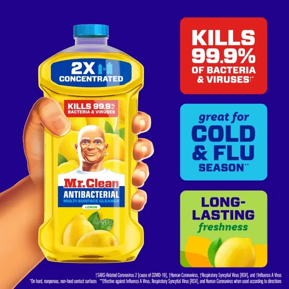 Mr Clean Antibacterial Multi-Surface Cleaner bottle held in hand, highlighting benefits like killing 99.9% of bacteria and long-lasting freshness