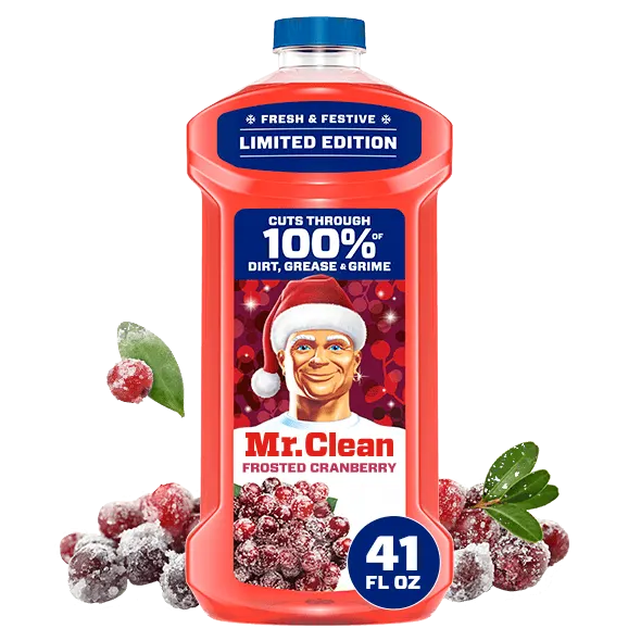 Mr. Clean Frosted Cranberry cleaning product bottle with festive design and cranberry imagery, promoting effective dirt and grime removal