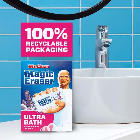 Mr. Clean Magic Eraser Ultra Bath, next to a clean bathroom sink 100% Recyclable Packaging