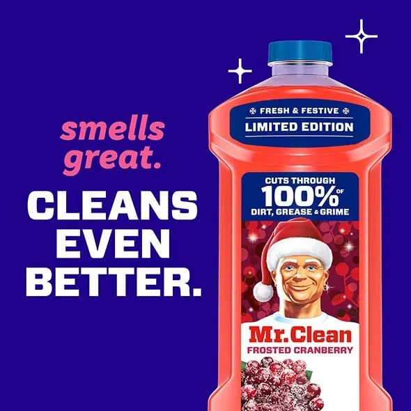 Mr. Clean Frosted Cranberry cleaner bottle features festive design with text highlighting effectiveness and pleasant scent